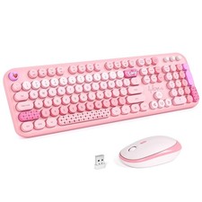 Pink Rainbow Wireless Keyboard Mouse Combo FullSized Retro Typewriter PC picture