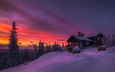 Landscape winter sunset clouds forest cottage snow cold Custom Gaming Mat Desk picture