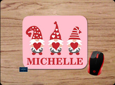 3 GNOMES W/ RED HEARTS PINK MONOGRAM YOUR NAME PERSONALIZED MOUSE PAD MAT GIFT picture