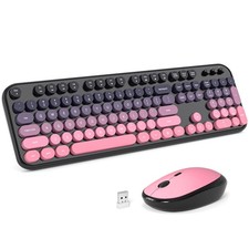 Cherry Pink Rainbow Wireless Keyboard Mouse Combo Retro Typewriter Round PC picture
