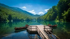 Landscape mountains sky clouds nature boat reflection Custom Gaming Mat Desk picture