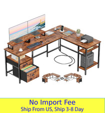 L Shaped Computer Desk with Power Outlet Reversible 2 Monitor Stands Drawer picture