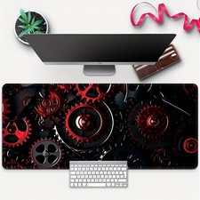 [2D Flat Printing] 1pc Red Gear Pattern Desk Mat with Non-Slip Rubber Base, Ga picture
