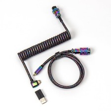 Coiled USB-C Angled Aviator Cable - Rainbow Plated, 5-Pin Detachable Connector, picture