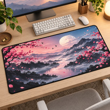 Cherry Blossom Desk Mat, Japanese Landscape Mouse Pad, Moon Mountain Desk Pad picture