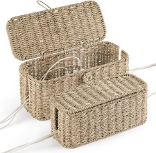 2 Pack Large Cable Management Box Natural Rattan Cord Organizer Boxes Power picture