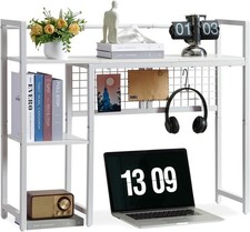 White 4-Tier Desk Organizer Shelf with Grid Back Panel, 36 Inch Monitor Stand picture