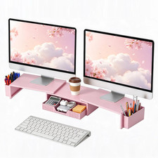 Dual Monitor Stand Riser with Drawer and Pen Holders Pink Ergonomic Office picture