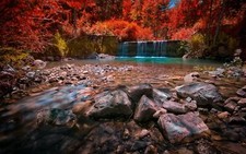 Landscape nature waterfall pond forest colorful red Custom Gaming Mat Desk picture