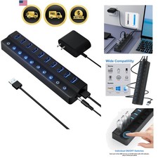 USB Hub 10 Port USB 3.0 Splitter Fast Data Transfer with Power Switches picture