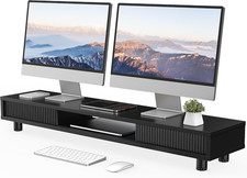 Fenge Dual Monitor Stand with Storage, Desk Shelf with Glass Sliding Door picture