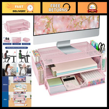 2-Tier Computer Monitor Stand Riser, Desk Organizer with Drawers & Pen Holders - picture