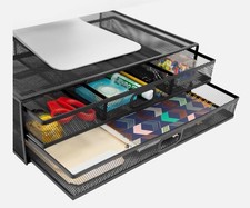 MOUNT-IT Computer Monitor Stand With Drawers, Metal Mesh Riser and Organizer picture