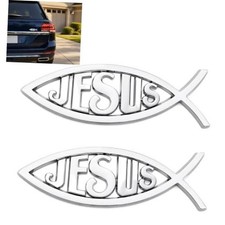 2PCS 3D Jesus Fish Car Emblem, Chrome Metal Christian Faith Symbol silver picture