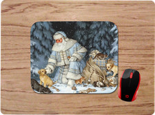 BLUE SANTA PUPPIES KITTENS WINTER FOREST SCENE ART CUSTOM MOUSE PAD DESK MAT picture