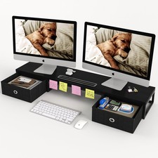 39 Inch Dual Monitor Stand Riser with 2 Drawers  Large Black Wooden Computer ... picture