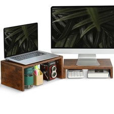 2 PCS Monitor Stand Riser Rustic Brown Wood 2 Tier Adjustable Dual Computer picture