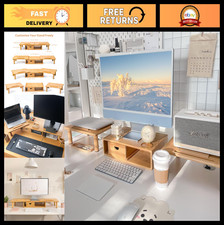 Dual Monitor Stand Riser with Drawer | Adjustable Bamboo Desk Shelf for 2-3 Scre picture
