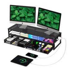 2-Tier Metal Dual Monitor Stand with USB & 2 Drawers, Black picture