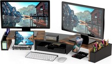 Desk Dual Monitor Stand Riser W/ Drawer Rustic Brown Wood Grain Finish picture