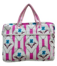 Indian Pink Striped Floral Handblock Printed Cotton Laptop Sleeves with Zipper picture