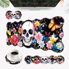 4 In 1 Large Desk Mat Mouse Pad With Wrist Rest Skull Flowers Butterfly picture