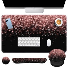 Keyboard Mouse Pad Set, 4 in 1 Desk Mat Set, Pink Rose Gold picture