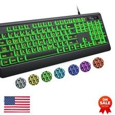 Large Print Keyboard USB Wired 104 Key Full Size Backlit 7 Colors Plug and Play picture