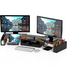 Dual Monitor Stand Riser with Drawer - Rustic Brown, Adjustable Height, Space-Sa picture