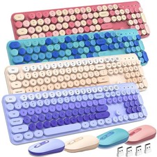 Wireless Keyboard Mouse Combo Ergonomic Full Size Typewriter Retro Round Keycaps picture