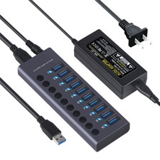 60W Powered 10 Ports 5Gbps USB 3.0 Multi HUB Splitter With Switch For PC Laptop picture