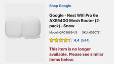 Google Nest Wifi Pro 6E AXE5400 Tri-Band Mesh Router 2-Pack White GA03689-US picture
