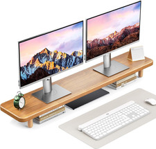 Dual Monitor Stand Riser Wooden 39 Inch Long Desk Shelf Organizer for 2 Screens picture
