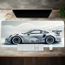 Large White Sports Car Mouse Pad, Extended Non-Slip Gaming Desk Mat for PC Setup picture