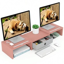 Pink Dual Monitor Riser with Adjustable Side Shelves & Center Storage Drawer picture