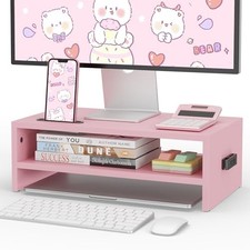  Wooden Monitor Stand Riser, 2-Tier Desk Shelf with Storage 16.5 inch Pink picture
