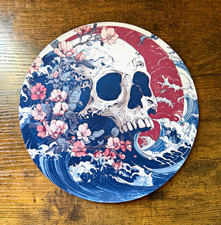 Round Non-Slip Mouse Pad, Skull Waves & Cherry Blossom Floral Design picture
