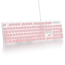 Cute Quiet Wired Typewriter Keyboard Retro Round Keys Full Size 104 Keys Pink picture