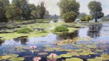 Landscape pond flowers reflection trees summer Custom Gaming Mat Desk picture