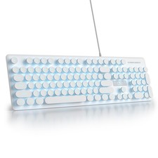 White Wired Retro Typewriter Keyboard 104 Round Keys Blue LED Backlit PC Mac picture