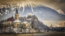 Landscape nature architecture ancient tower lake bled Custom Gaming Mat Desk picture