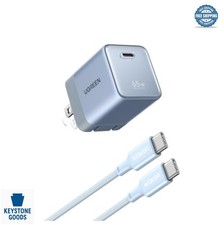 65W USB C GaN Charger Block 3.3ft Cable Blue Foldable Prongs Compact Travel picture