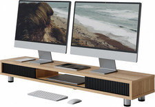 Dual Monitor Stand with Storage and Glass Doors 42.5 Inch Desk Shelf Organizer picture