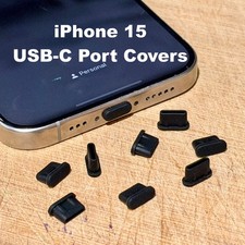 iPhone 15 Pro Max Plus USB-C Dust Plug Covers, Black Silicone Charging Port Caps picture