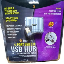 Stratitec 4-Port USB 2.0 1:4 Hub/Splitter 6ft Extension Gold-Plated Silver picture