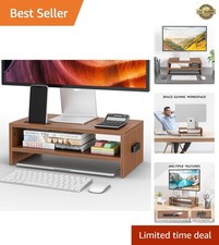 Elegant 2-Tier Wooden Monitor Stand Riser for Ultimate Workspace Organization picture