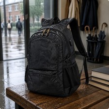 Black Backpack Front Pocket Rectangular Backpack Padded Panels picture