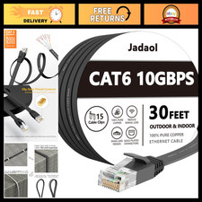 30FT Flat Cat6/Cat6A Ethernet Cable with Clips, 10Gbps High-Speed Network, Black picture