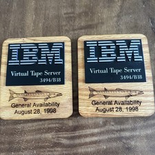 Vintage IBM 3494 B18 Virtual Tape Server CommemoraWoodPlaque Set 1998 Barracuda picture