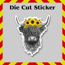Highland Cow Sticker, Sunflowers, Waterproof Die-Cut Vinyl Printed Decal picture